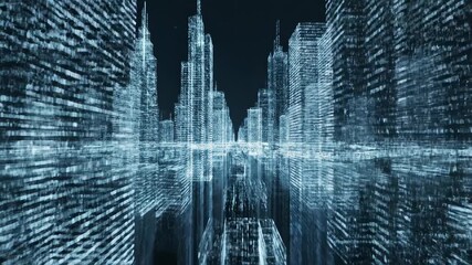 A futuristic cityscape with a digital blue glow and binary code streaming down on skyscrapers