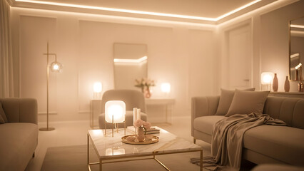 Luxurious modern bathroom interior with warm lighting marble tiles and elegant fixtures creating a serene and inviting spa like atmosphere