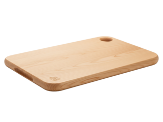 Light wooden rectangular cutting board with round corner hanging hole on a transparent background