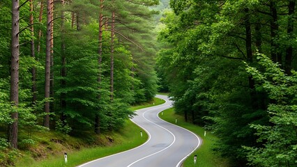 Fototapeta premium Winding Forest Road Curves Through Lush Green Forest