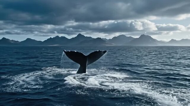 Majestic whale tail breaching ocean surface creates dramatic water splash under cloudy sky with distant mountains