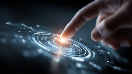Human finger interacting with a digital interface, activating a futuristic circular hologram with glowing light, representing connection, innovation, and advanced technology ai