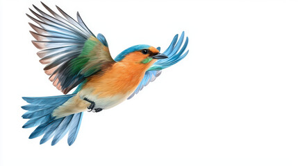 Fototapeta premium Colorful bird with vibrant orange, blue, and green feathers is flying gracefully against white background, showcasing its detailed wings