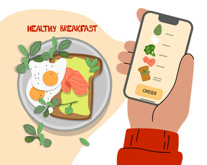 Online service food delivery icon, order food, shopping food using smartphone. Healthy breakfast.&nbsp;Vector illustration isolated on white background.