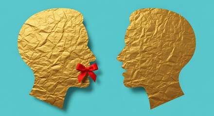 Two silhouette faces look at each other, one has a red cross over his mouth, censorship free speech