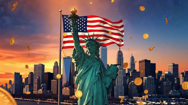 Statue of Liberty with her torch raised high while digital cryptocurrency coins rain, creating symbolic contrast between historic U.S. ideals and modern blockchain-driven economy and financial freedom