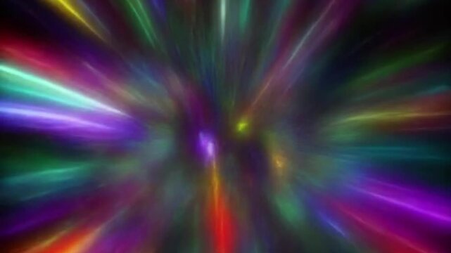 Efecto visual de luces multicolores que se desplazan a alta velocidad hacia un punto central, creando un t&uacute;nel luminoso din&aacute;mico y abstracto. Flash espacial. Velocidad luz
