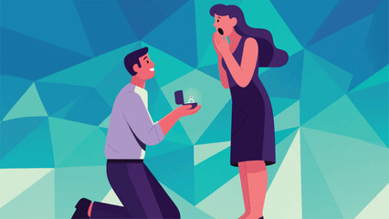 Illustration Of One Person Kneeling, Holding Out A Tiny, Glowing Ring Box, In Front Of Another Who Is Covering Their Mouth In Surprise Vector Design Template