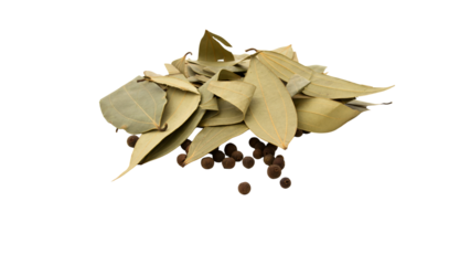 Heap of dried bay leaves mixed with black peppercorns isolated on a light background.