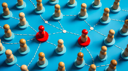 Network Connection with Wooden Figures on Blue Background, Social Relationship Concept, Teamwork Strategy, Community Interaction, Leadership Communication