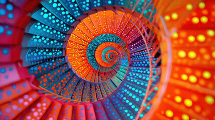 Spiral staircase with colorful perforated metal steps inspiring lifelong learning attitude and joyful exploration