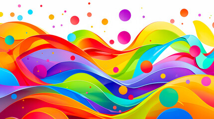 Colorful Abstract Background with Wavy Lines and Circles in Red, Yellow, Blue, Green, and Purple on White Backdrop