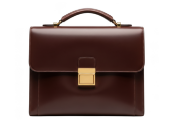 Elegant dark brown leather briefcase with golden clasp and handle isolated on transparent background