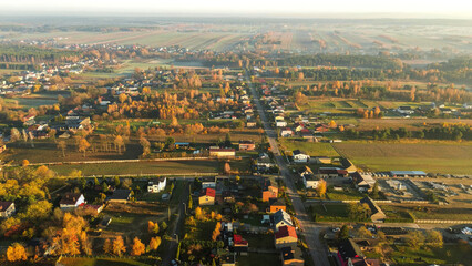 Aerial view of a rural village in october