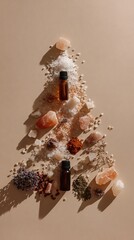 Artistic arrangement featuring essential oils and natural elements on soft beige background