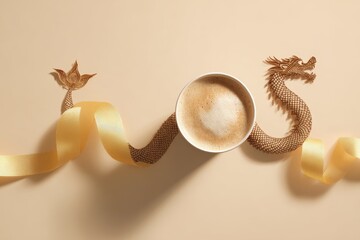 Artistic coffee presentation featuring latte in cup with golden ribbon and dragon design on beige background