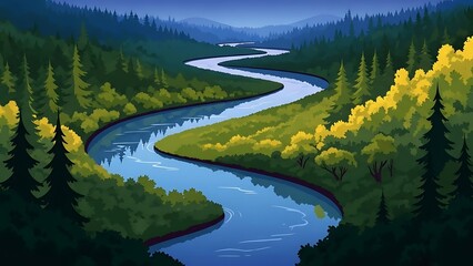 Winding River Through Forest Landscape Autumn Scenery