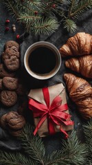 Cozy breakfast scene with aromatic coffee, fresh croissants, and homemade cookies on dark table