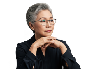 Elegant mature east asian woman with short grey hair wearing glasses and a dark shirt resting her chin on her hands isolated on transparent background