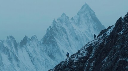 Two mountaineers walking along a snowy mountain ridge. AI-generated.
