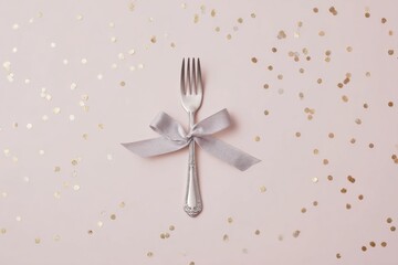 Elegant dining scene with silver fork tied with ribbon on soft pink background adorned with golden confetti