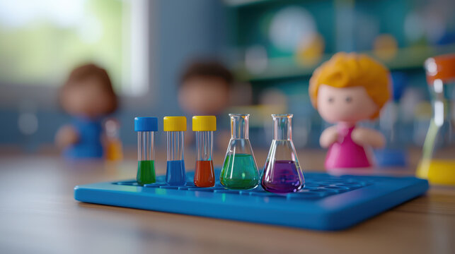 Colorful laboratory setup with test tubes and flasks, showcasing vibrant liquids. playful atmosphere with cartoon characters in background - Powered by Adobe