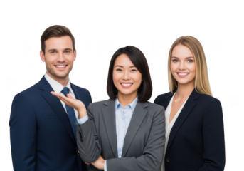 Three diverse business professionals smiling and posing together in formal attire isolated on transparent background