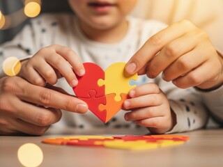 Adult and child hands connect heart puzzle pieces. Family support and connection concept. Collaborative activity for Valentine Day cards.