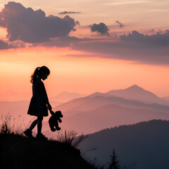 Girl with Teddy Bear at Sunset on transparent background