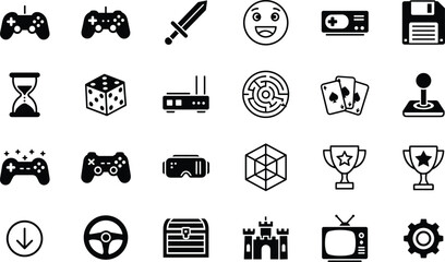 Comprehensive gaming icon set featuring controllers, trophies, VR, retro elements, fantasy items, puzzles, cards, and essential symbols for digital entertainment graphics.