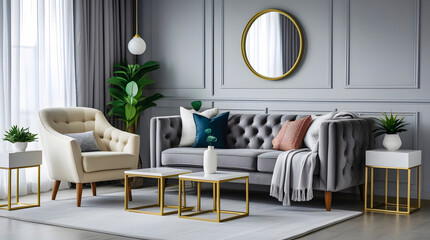 Elegant Living Room Interior Design with Gray Sofa and Accent Chair, Gold Accents, Modern Furniture