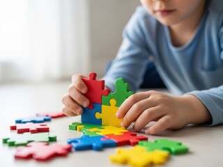 Kid playing with colorful jigsaw puzzle pieces on floor. Child development, problem-solving, and creative learning for early education.