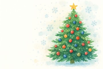 Obraz premium Watercolor christmas tree with colorful ornaments and snowflakes isolated on white background. concept of festive holiday decor, creative design, winter celebration, copy space