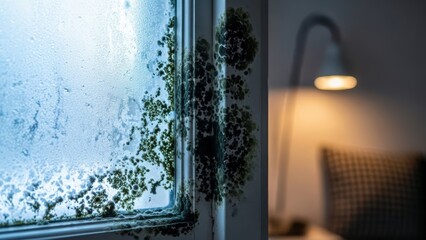 Mold and mildew growth on a window frame and damp glass, indicating a problem with dampness and poor ventilation in a home setting.