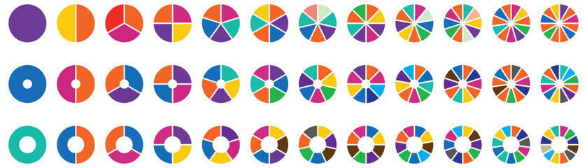 Pie charts diagram set. Circle pie charts 1,2,3,4,5,6,7,8,9,10,11,12 sections. Wheel round segment infographic part. Circle section graph. Pie charts diagrams
