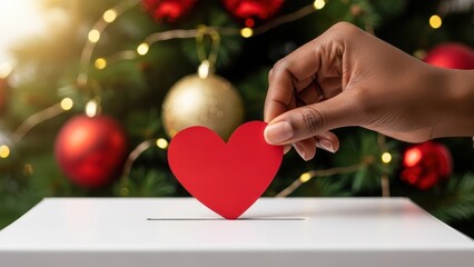 African american woman dropping red heart into donation box for charity with Christmas tree background. Concept of giving during holiday season.