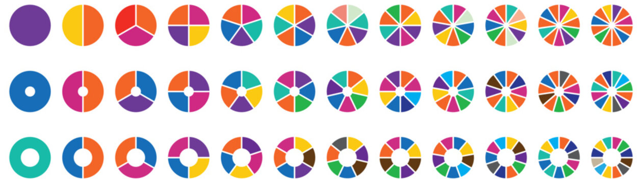 Pie charts diagram set. Circle pie charts 1,2,3,4,5,6,7,8,9,10,11,12 sections. Wheel round segment infographic part. Circle section graph. Pie charts diagrams