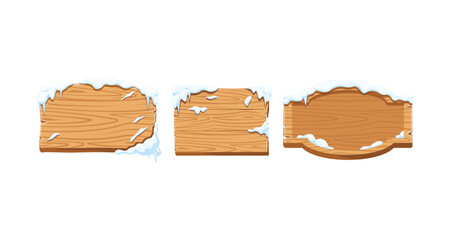 Wooden signs covered in snow, perfect for winter holiday messages and announcements