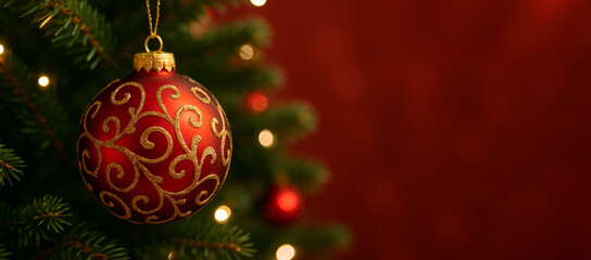 Festive red bauble hanging on christmas tree with elegant gold design for holiday decor inspiration. concept of christmas ornament, seasonal celebration, holiday atmosphere, banner, copy space