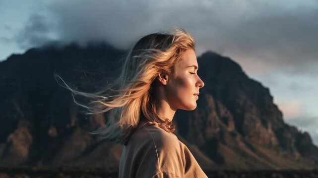 Serene woman enjoying nature with mountains in the background, perfect for wellness and lifestyle themes