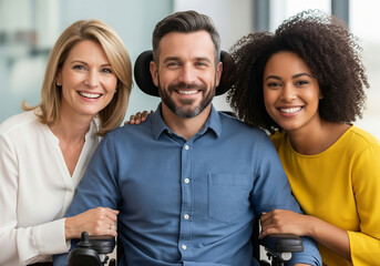 Smiling group portrait of a diverse team with a man in a wheelchair showcasing inclusivity and friendship in a professional setting.