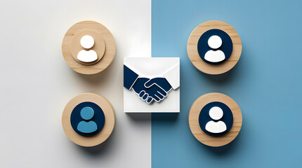 Deal Conceptual Business Partnership Agreement Cooperation Handshake Concept Negotiation, Business Collaboration, Social Network, Teamwork Success, Wooden Icon