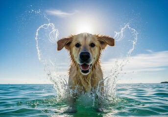 Happy golden retriever dog splashing in ocean water under sunny blue sky. concept of joyful pet, summer fun, adventurous spirit