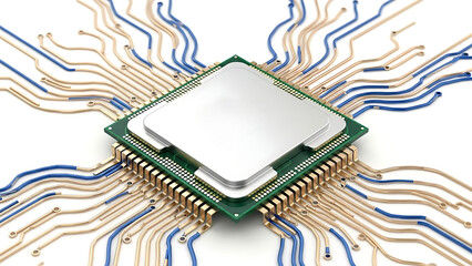 Close-up of a computer processor on a circuit board, isolated on white