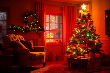 Beautiful Christmas living room with decorated Christmas tree. Festively decorated home interior with Christmas tree