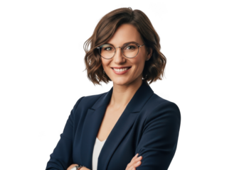 Professional woman with glasses and dark blazer smiling confidently with arms crossed isolated on transparent background