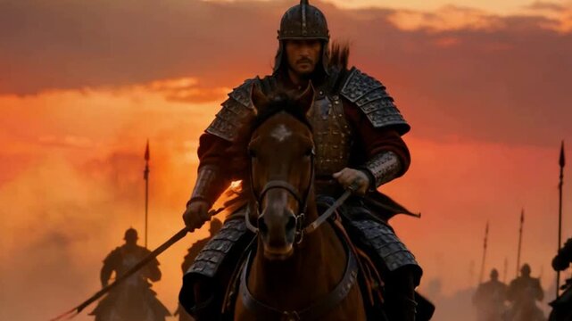Ancient Chinese Warrior in Armor Leading Cavalry Charge at Sunset | Historical Battle Scene, Medieval Army, Horseback Soldiers with Spears, Dramatic Red Sky, Dust Clouds, Epic Warfare, Feudal Era Mili