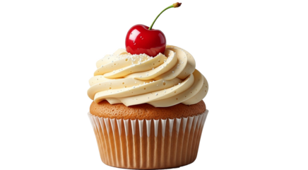 Delicious cupcake with cream topping and cherry isolated on transparent background