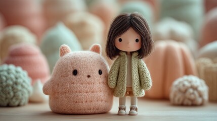 Cute Pastel Doll and Knitted Plush Toy in Soft Nursery Style &mdash; Kawaii Illustration