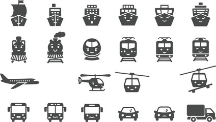Cute transportation vehicle icon set featuring ships, trains, airplanes, helicopters, buses, cars, and trucks in playful cartoon vector style. © Creative Soul